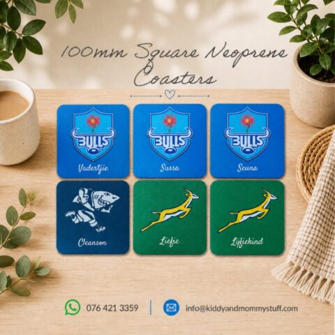#kiddyandmommystuff, #coasters, #neoprenecoasters, #bluebulls, #sharks, #springboks, #personalizedgift